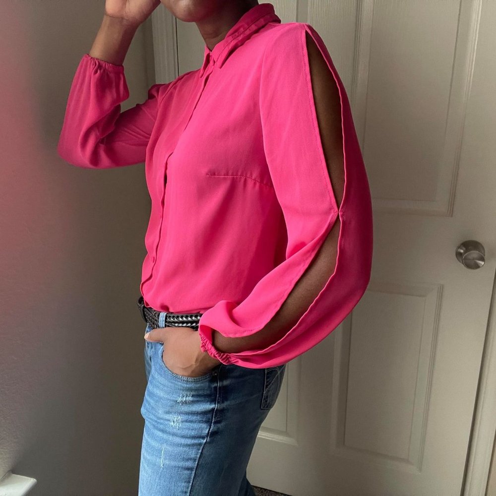 Fuchsia Button Down with Open Slit Sleeve Women's Fashion